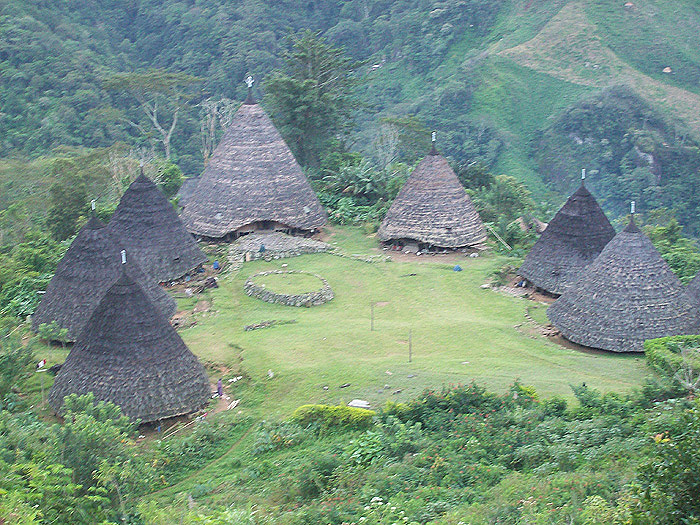 traditional circular and cone-shaped buildings called Mbaru Niang